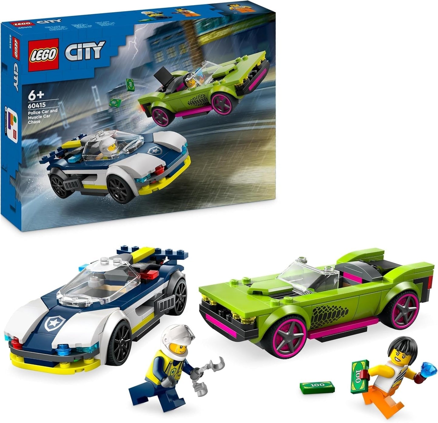 LEGO City Autoachtervolging met politieauto en muscle car, treinspeelgoed met 2 raceauto's, politiecadeau voor kinderen, jongens en meisjes vanaf 6 jaar, politieagent en minifiguurset Ganovin 60415 Bouwsets Besuche den LEGO-Store Single