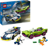 LEGO City Autoachtervolging met politieauto en muscle car, treinspeelgoed met 2 raceauto's, politiecadeau voor kinderen, jongens en meisjes vanaf 6 jaar, politieagent en minifiguurset Ganovin 60415 Bouwsets Besuche den LEGO-Store Single