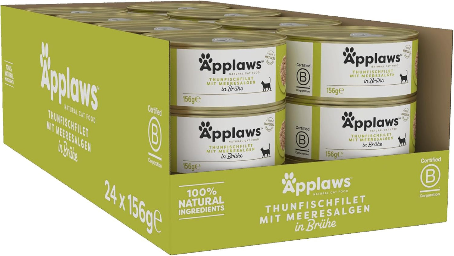 Applaws 100% natuurlijke Premium-Nassfutter für Katzen, Thunfischfilet mit Algen in Brühe - Verpakking met 24 x 156g Dosen