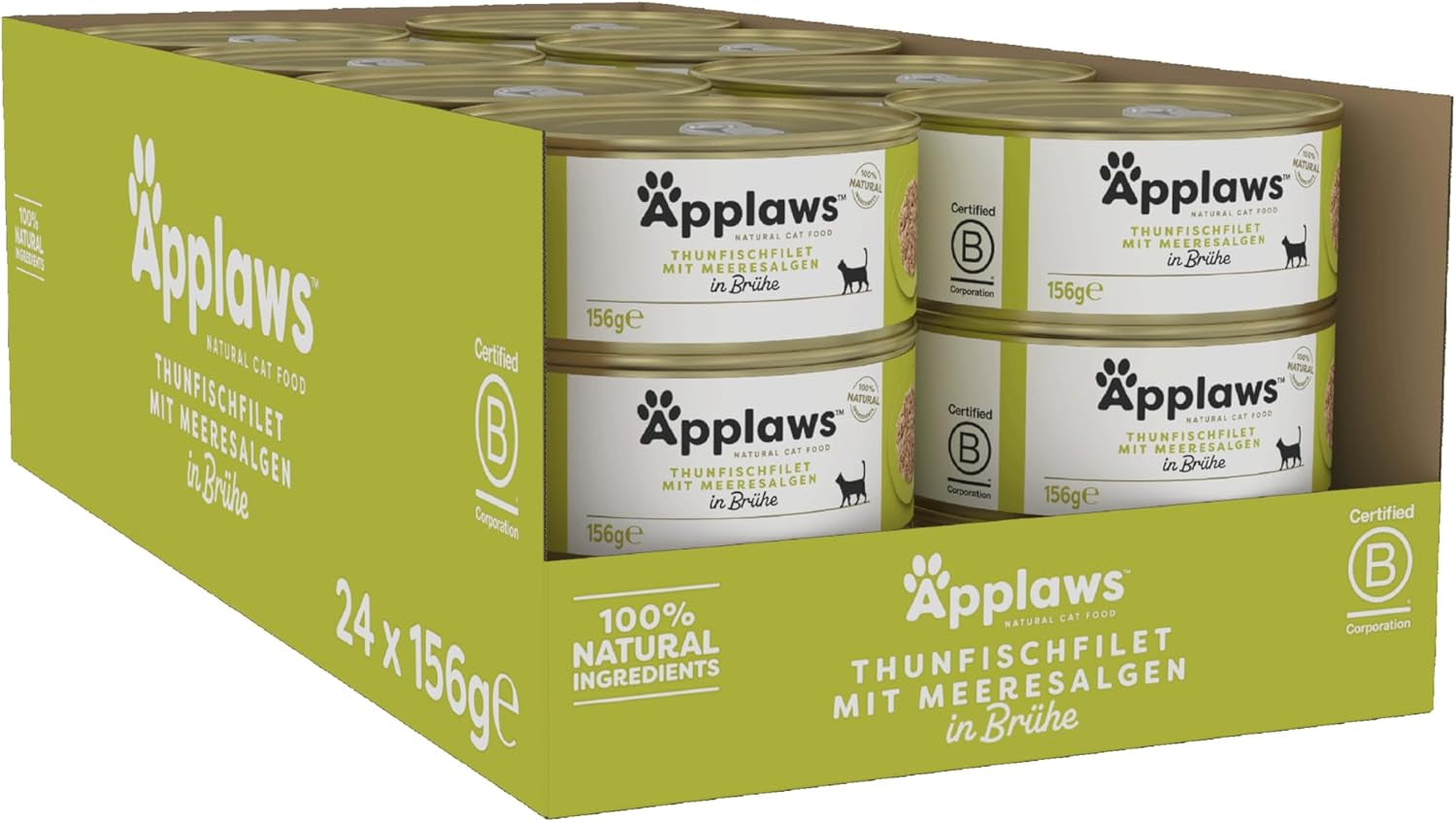 Applaws 100% natuurlijke Premium-Nassfutter für Katzen, Thunfischfilet mit Algen in Brühe - Verpakking met 24 x 156g Dosen