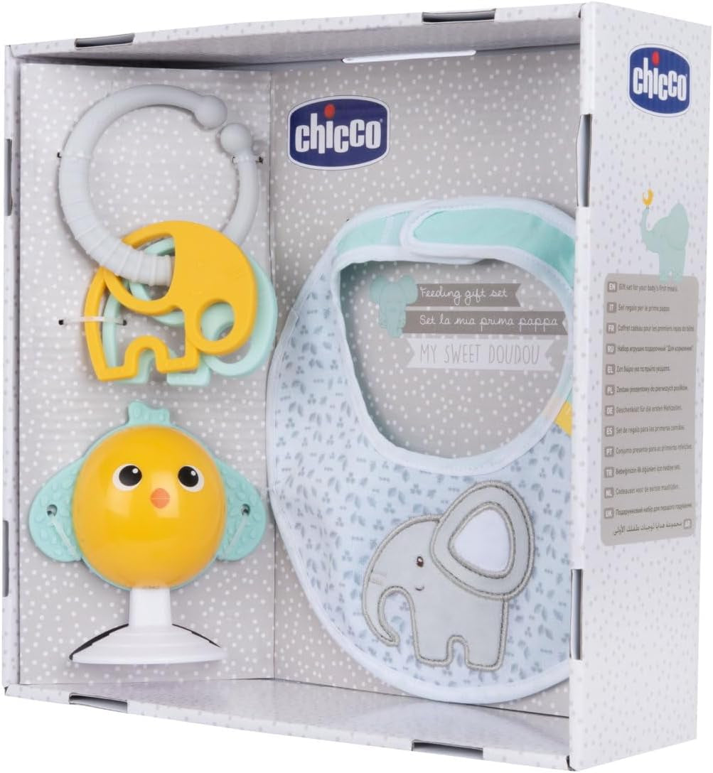 Chicco maaltijdcadeauset Dou Dou, slabbetje, kinderstoelspeeltje met zuignap in de vorm van een schattige kip, met twee kleurrijke rammelaars, makkelijk te vangen vanaf 6 maanden Babyspeelgoed Naty Shop