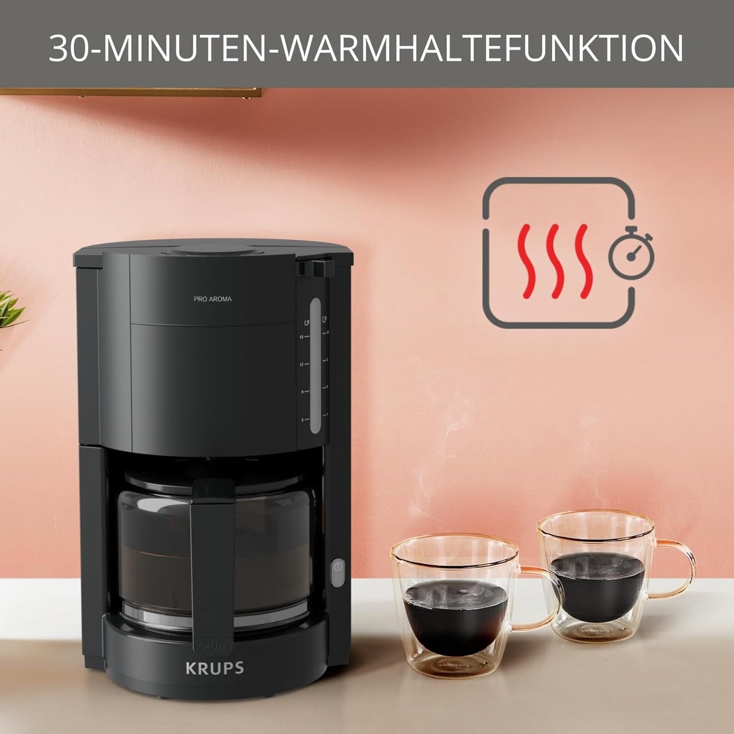 Krups F30908 ProAroma Espressomachine met filter en glazen karaf, inhoud 1,25 l, 10-15 kopjes, 1050 W, zwart