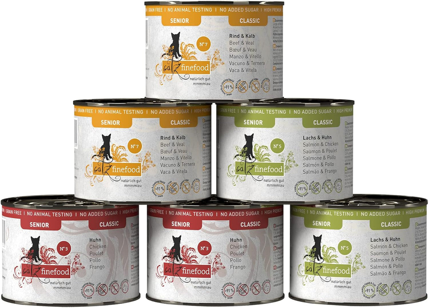 catz finefood Senior Collection Katzenfutter nass - Premium Nassfutter für Ihre Senior Katze - getreidefrei, ohne Zucker, hoher Fleischanteil, Vitamine & Mineralien (6 x 200g dosis)