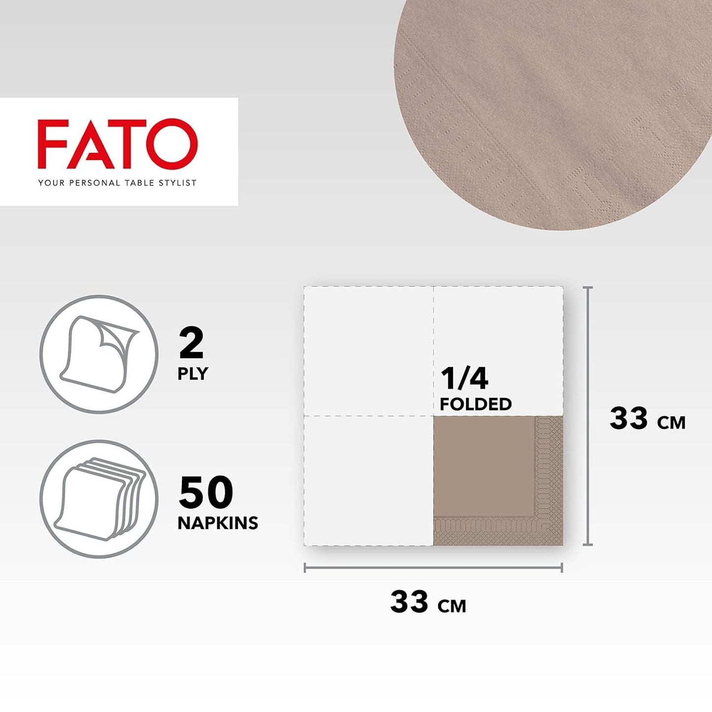 Fato, papieren wegwerpservetten, ideaal voor informele lunches en buffetten, verpakking van 50 servetten, maat 33X33, in 4 gevouwen, 2 lagen, tortelduif, 100% puur cellulosepapier, FSC-gecertificeerd