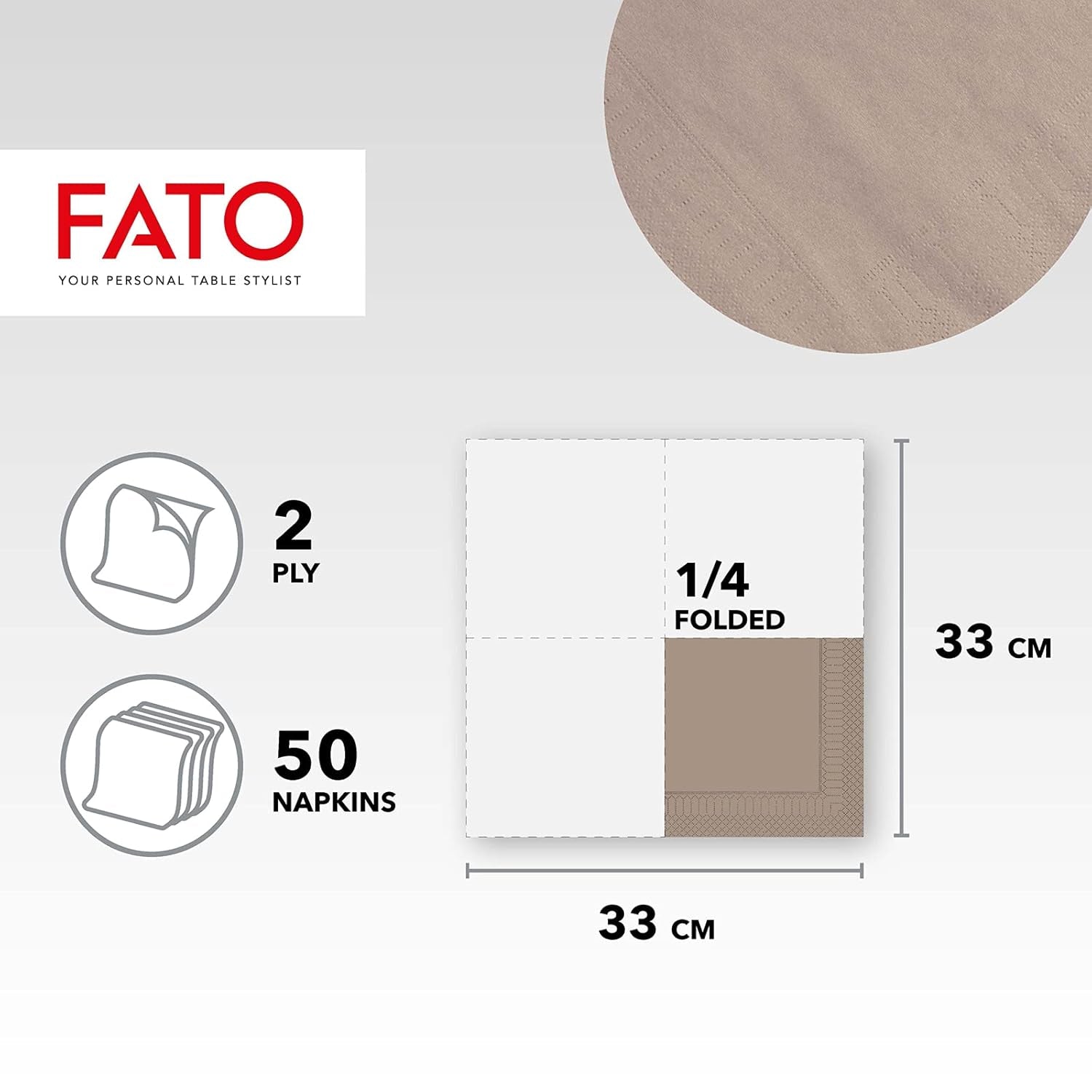 Fato, papieren wegwerpservetten, ideaal voor informele lunches en buffetten, verpakking van 50 servetten, maat 33X33, in 4 gevouwen, 2 lagen, tortelduif, 100% puur cellulosepapier, FSC-gecertificeerd