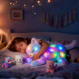 LED-muzikale pluche kat, licht zingend speelgoed, moederkat met 3 kittens in de buik, geanimeerd slaapliedje, rustgevend speelgoed voor moeders, kinderen, kleine meisjes, regenboog, 45 cm