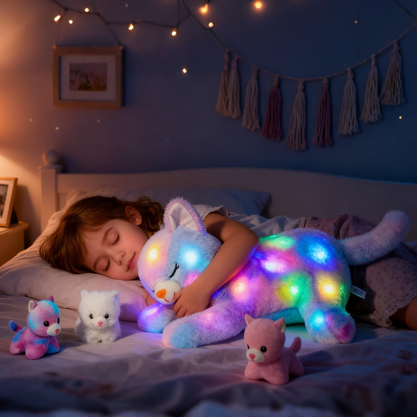 LED-muzikale pluche kat, licht zingend speelgoed, moederkat met 3 kittens in de buik, geanimeerd slaapliedje, rustgevend speelgoed voor moeders, kinderen, kleine meisjes, regenboog, 45 cm