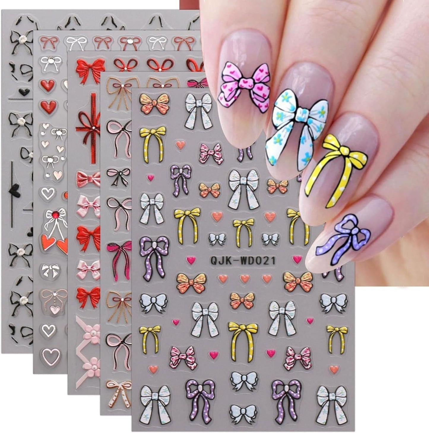 JMEOWIO Nagelsticker Bunte Herz Schleife 6 Blatt Nail Art Sticker Selbstklebend Nagelaufkleber Decoratie Nageldesign Zubehör