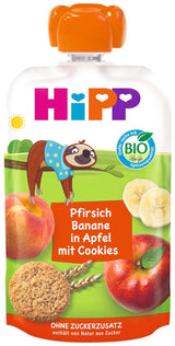 HiPP knijpzakjes met biologische perziken en bananen in zakjes appels en koekjes - Felix de luiaard (8 x 100g), vanaf 1 jaar, fruit met granen, geen toegevoegde suikers, beste biologische kwaliteit
