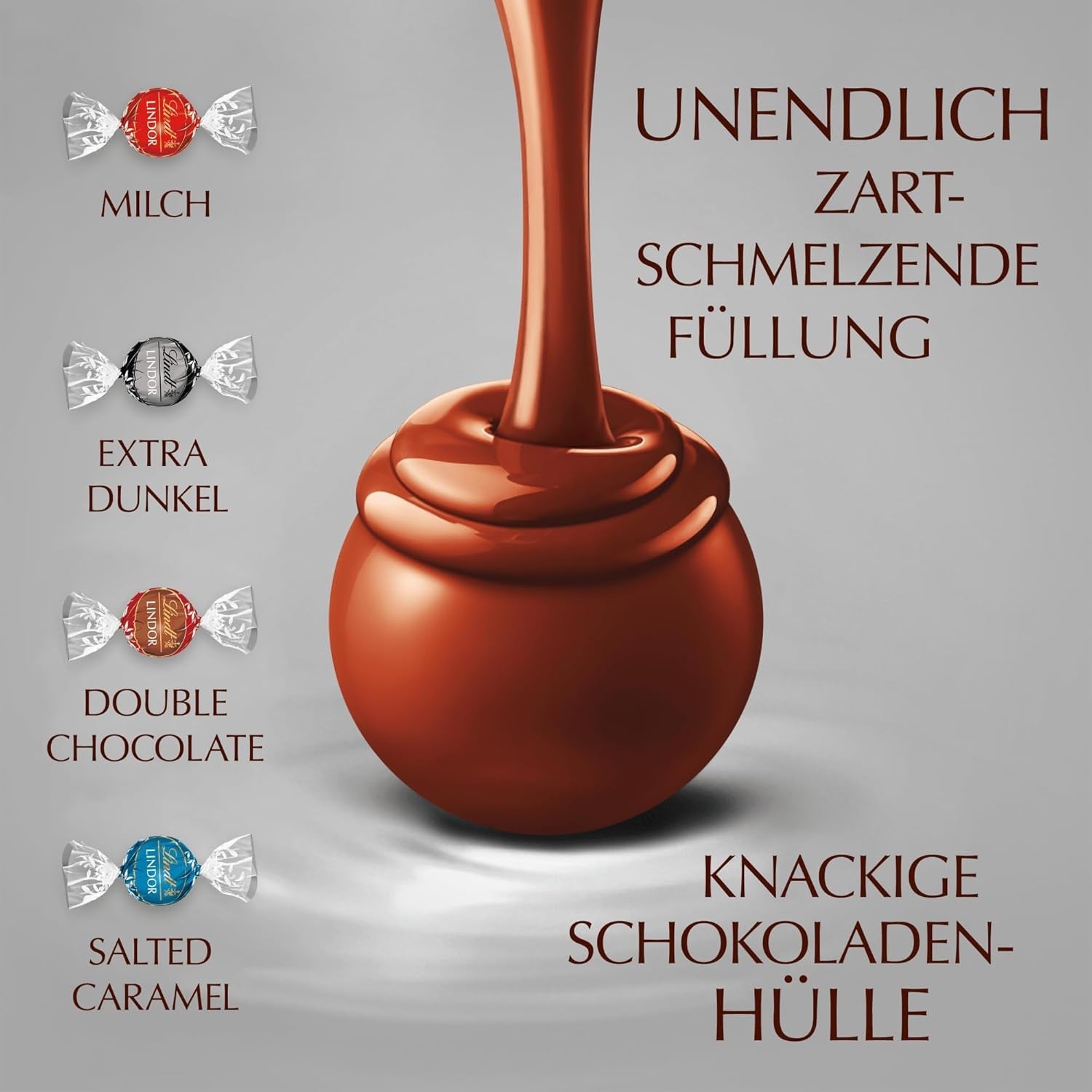 Lindt-chocolade | Diverse tassen LINDOR zilver | Zak van 1 kg | 80 smeltende melkchocoladebolletjes, 70%, gezouten karamel en dubbele chocoladesmaken | Chocoladegeschenk om te delen