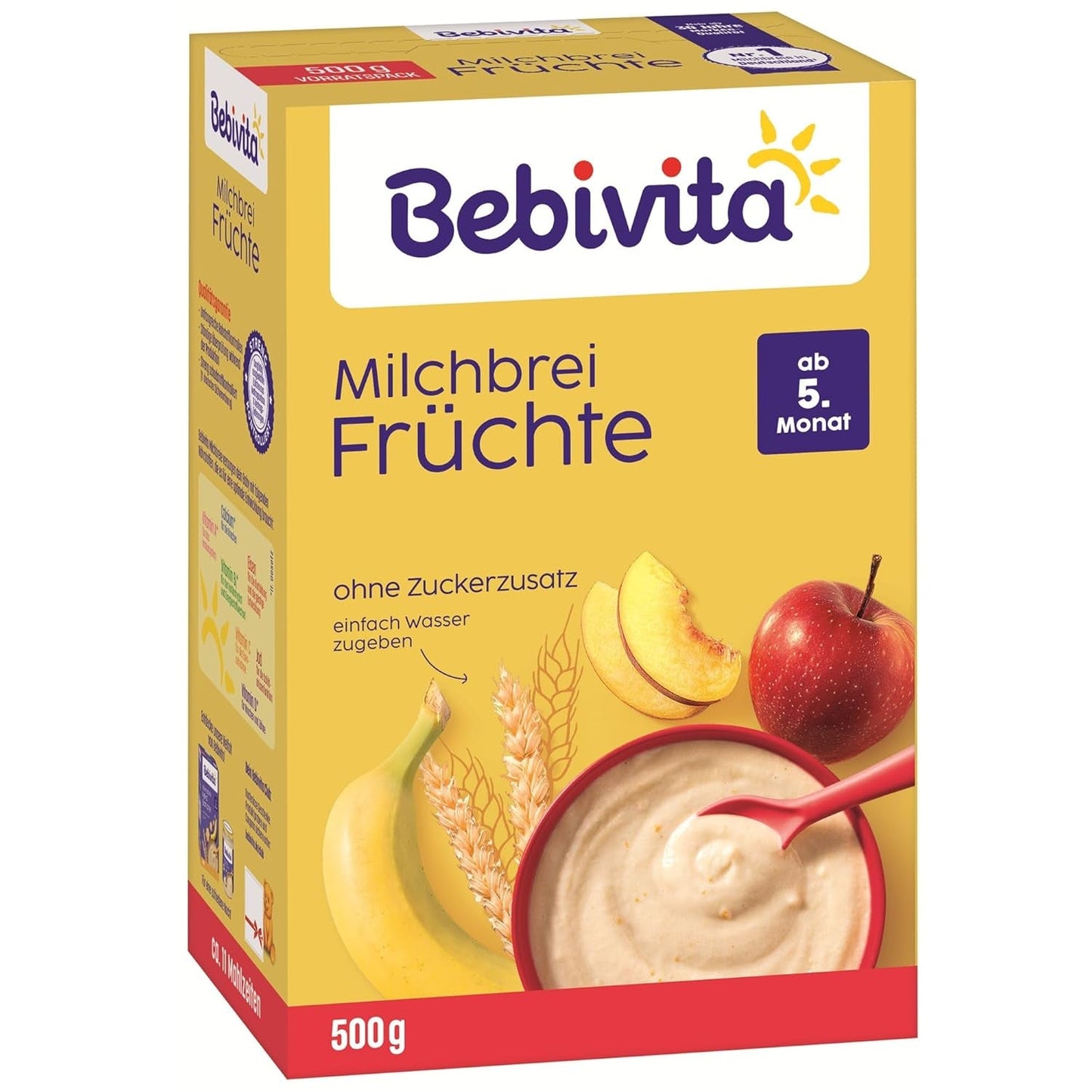 Melkpap met fruit (4x500g), vanaf 5 maanden, zonder toegevoegde suiker, met waardevolle mineralen en vitaminen, zeer vullend