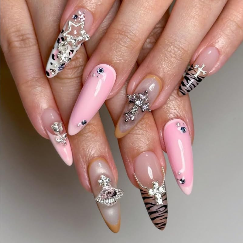 Mouyuglow Lange nagels Stiletto Melkwit Gradiënt Roze Glitter Cool Nepnagels met lijm Roze Ombre Glitter Kunstnagels