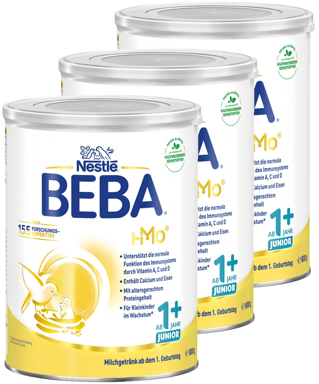 BEBA Junior 1+ melkdrank vanaf 1 jaar, Met HMO, Aan de leeftijd aangepast eiwitgehalte, Alleen lactose, Geen palmolie, Geen visolie, Peutervoeding, Babymelkpoeder, Pak van 3 (3 x 800 g)