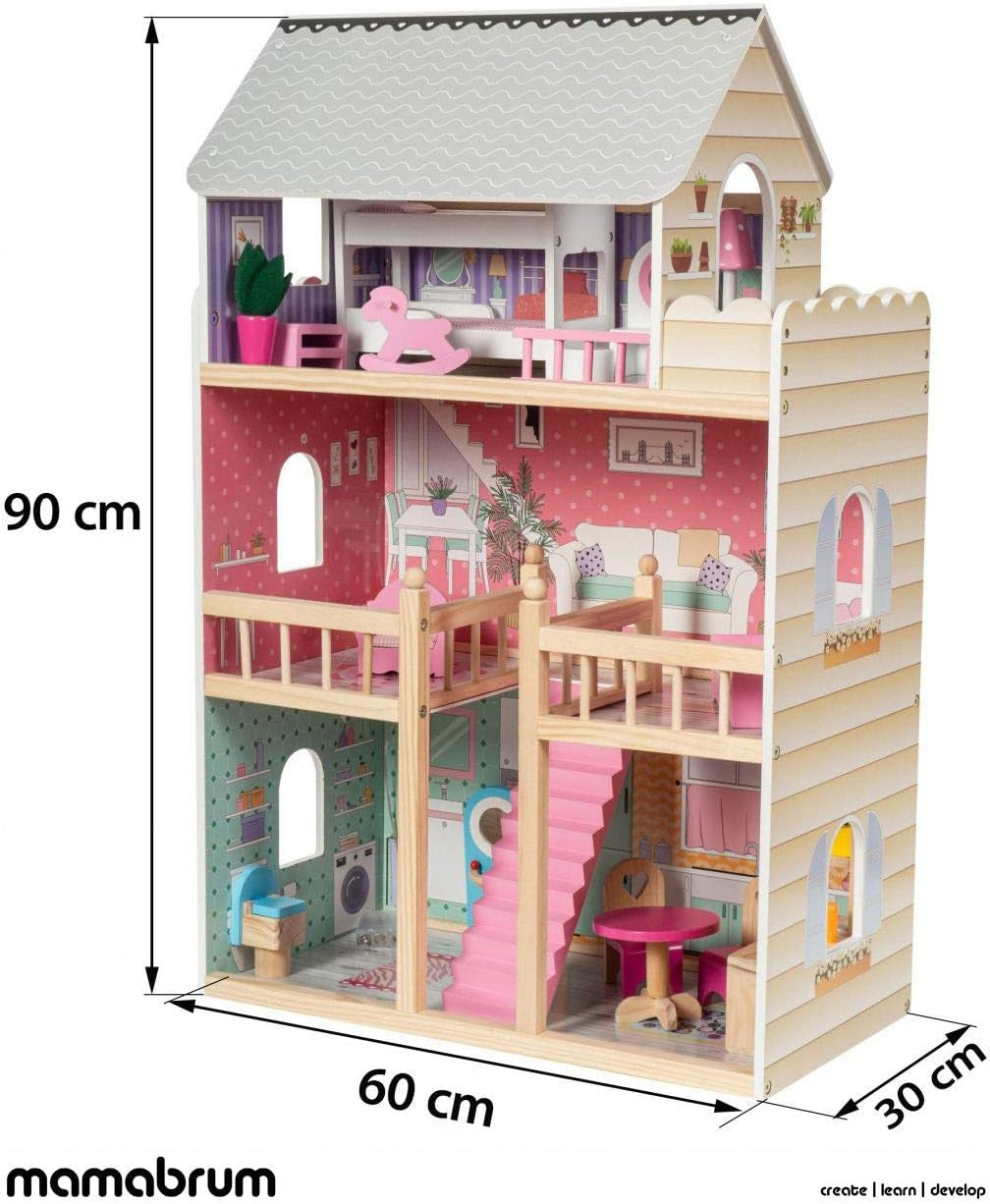 A405 LED-verlicht poppenhuis - 3 verdiepingen en meubelset - Houten speelhuis inclusief accessoires: keuken, badkamer, slaapkamer - Cadeau voor meisjes vanaf 3 jaar Poppenhuizen Naty Shop