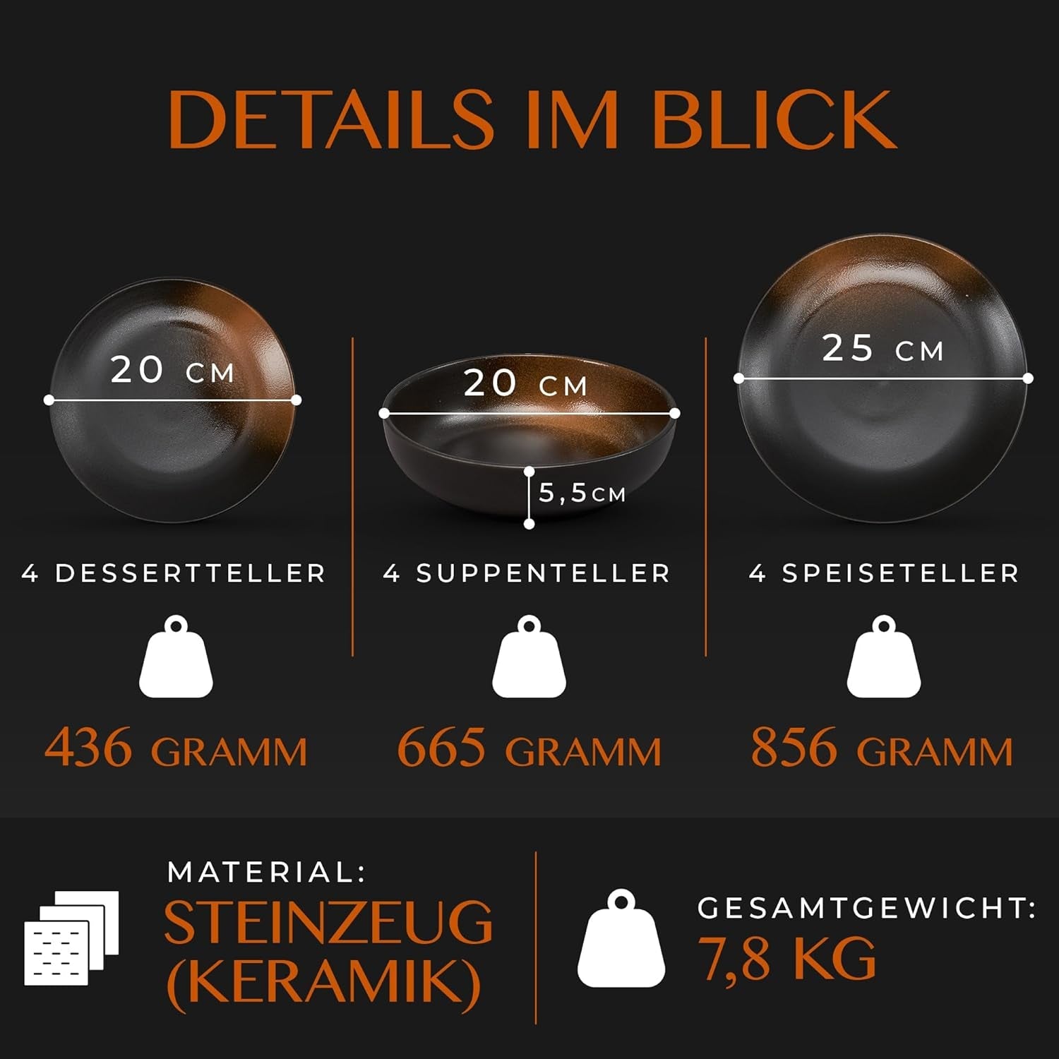 12-delige aardewerk serviesset - Prairie Line - elegant ontwerp in bruin/zwarte tinten, set van 4 dinerborden, 4 dessertborden en 4 dinerborden/Premium collectie