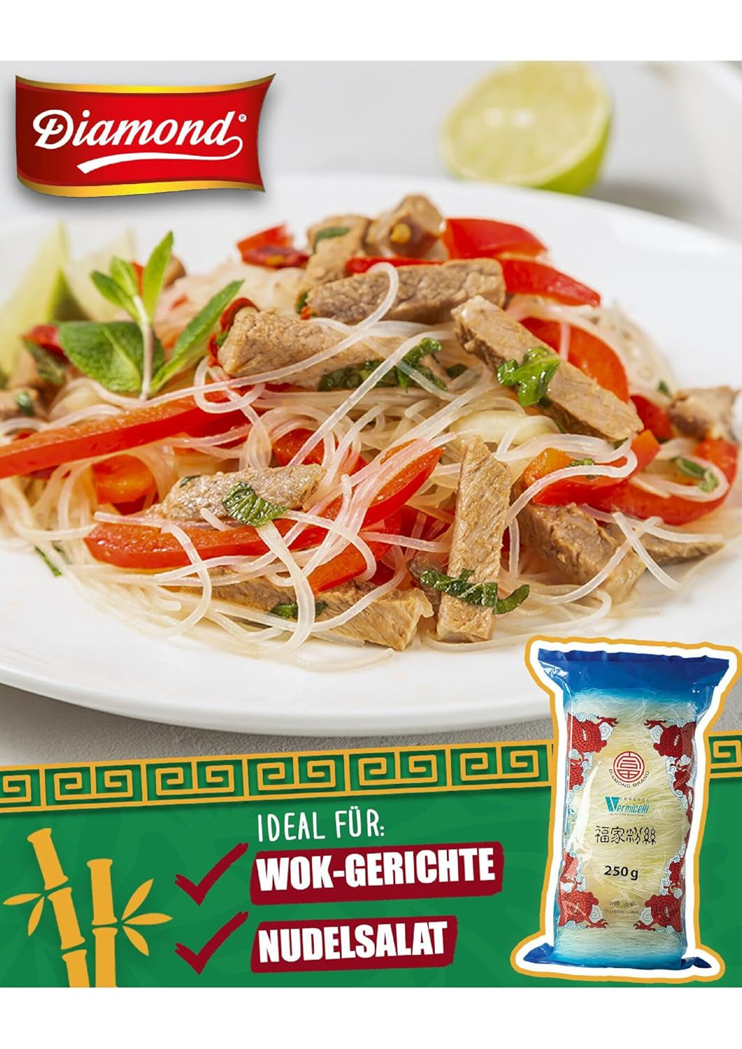 DIAMOND glasnoedels, lange glasnoedels, natuurlijk veganistisch en glutenvrij - 1 x 250 g
