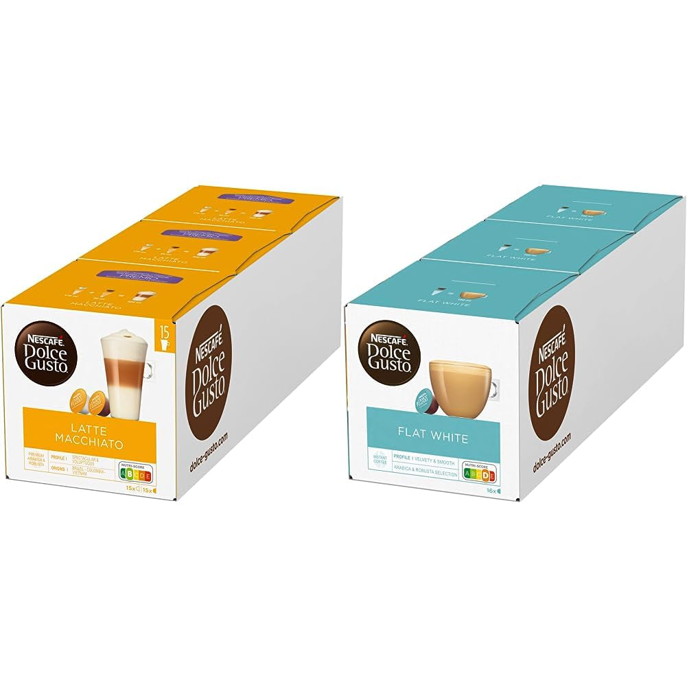 NESCAFÉ Dolce Gusto Latte Macchiato Vorratsbox 90 Kaffeekapsels & Flat White, 48 Kaffeekapsels, Arabica en Robusta Bohnen