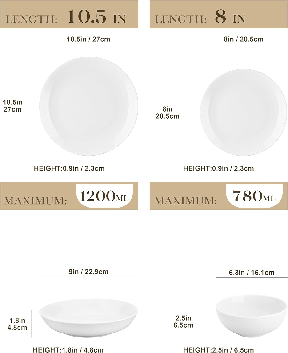 MALACASA 12-persoons serviesset, Amelia 48-delige moderne porseleinen serviesset, tafelservies met 12 dinerborden, dessertborden, Suma-borden en ontbijtgranenschalen, moderne 12-persoons serviesset - wit