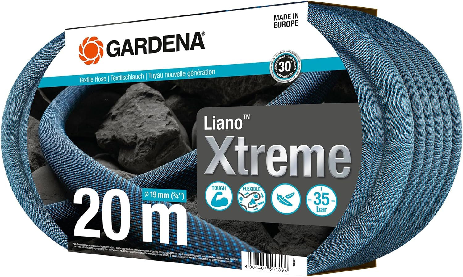 Gardena Liano Xtreme 3/4 inch set, 20m: Extreem robuuste textiel tuinslang met lichtgewicht, weerbestendige PVC binnenslang (18480-20)