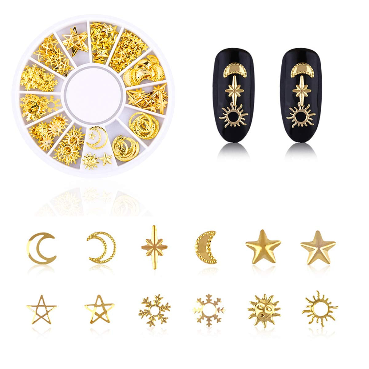 4 Dozen Nagel Art Strass, 3D Nagel Art Decoraties, Mix Größe Nagel Perlen Glitter Strass Goud Metall Hohlniet Nagelkunst Stern Mond Sonne Nagel Zubehör Für DIY Nageldesign