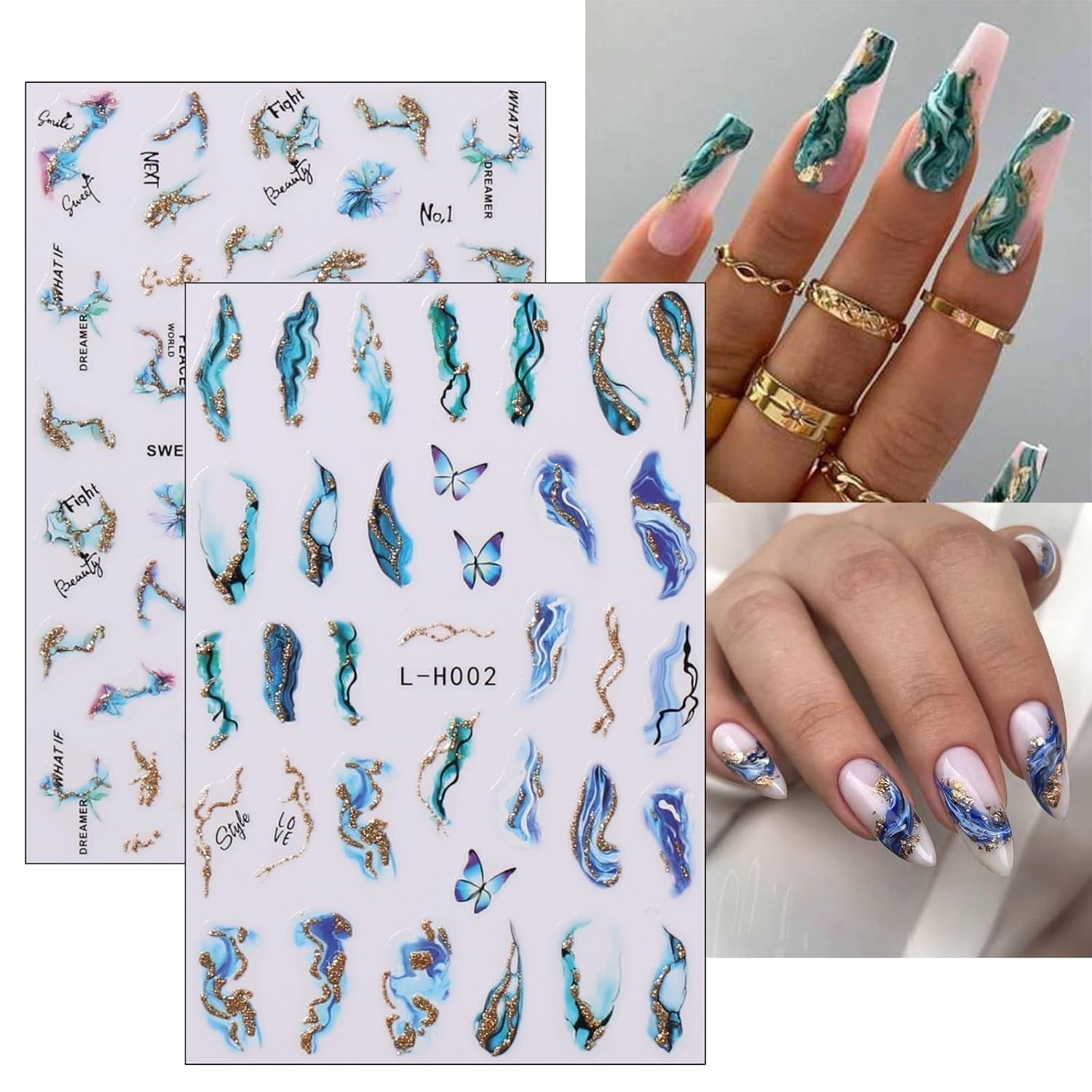 JMEOWIO Nagelsticker Marmor Französische Spitze 10 Blatt Nail Art Sticker Selbstklebend Nagelaufkleber Bunt Decoratie Nageldesign Zubehör