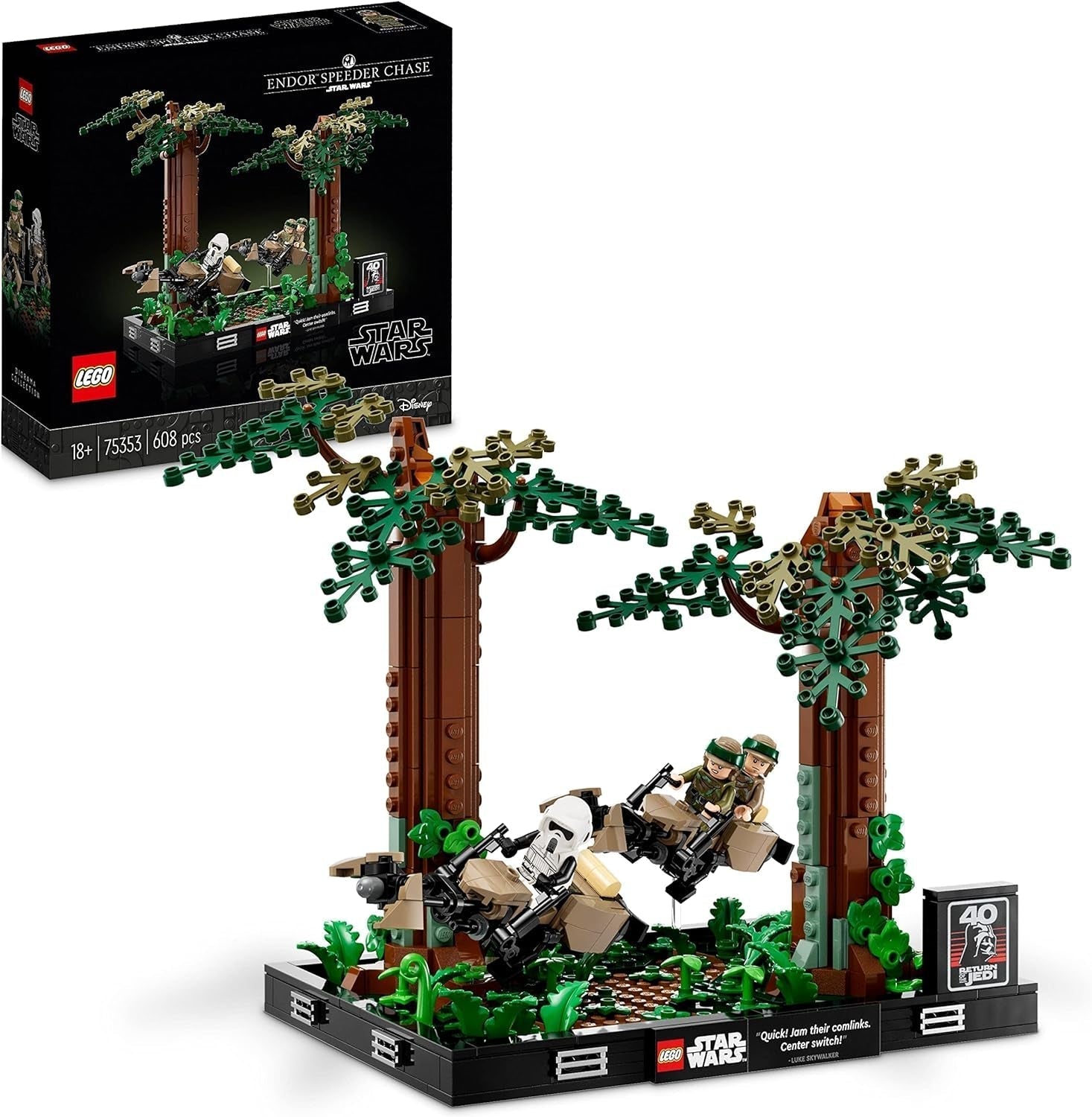 LEGO 75353 Star Wars Pursuit on Endor - Dioramaset, Return of the Jedi met Luke Skywalker, Princess Leia & Scout Trooper en Speeder Bikes, bouwsets ter ere van het 40-jarig jubileum Alleen verkrijgbaar in de LEGO Store