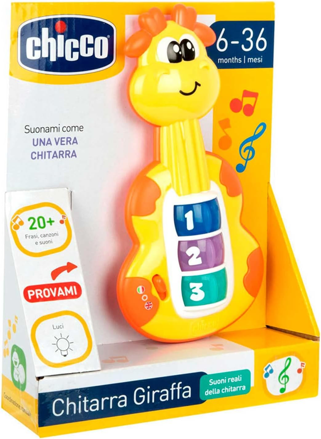 Chicco Giraffe Gitaar Babyrammelaar Grappig Piano Babyspeelgoed 3 toetsen 12 liedjes Elektronisch muziekspeelgoed Ideaal voor baby's van 6 maanden Geel babyspeelgoed Naty Shop