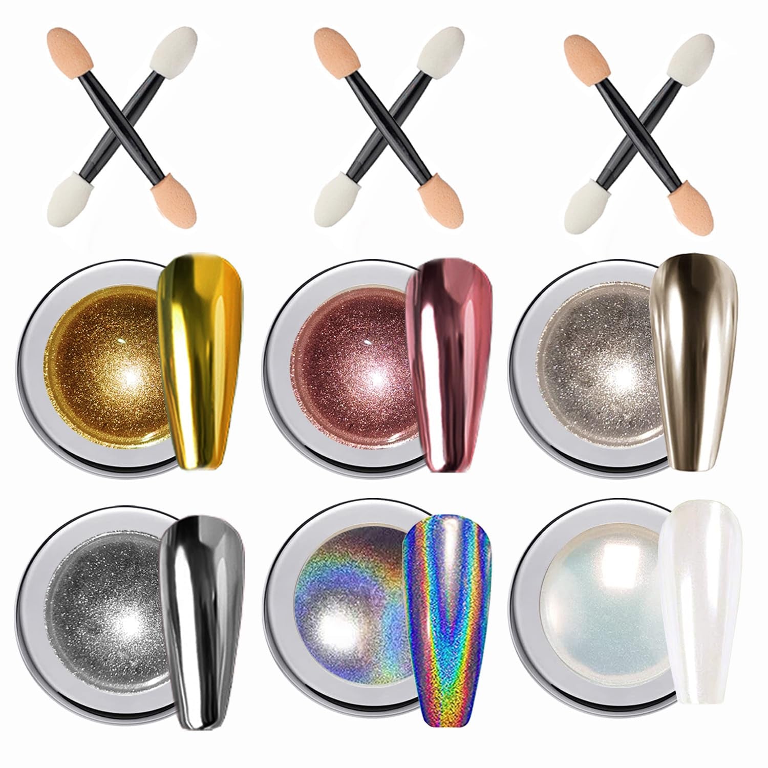 Wahrshei 6 Chrome Nail Powder, Chrome Pulver Nägel Mit Spiegeleffekt, Laser Chrome Puder, Pearl Effect Powder voor geglazuurde donutnagels