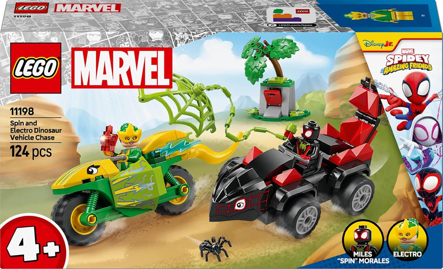 LEGO Marvel actieplezier met spin en electro in hun dino-speedsters, bouwbare superheldenauto voor jongens en meisjes vanaf 4 jaar, heldenset met speelgoedauto, Spidey en zijn supervrienden 11198 Bouwsets Beuche in LEGO-Store