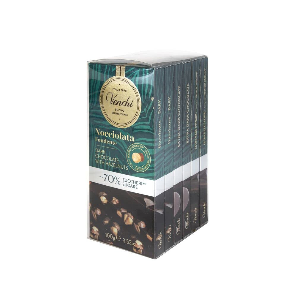 Venchi - Pak van 6 pure chocoladerepen met hazelnoten, 600g - Geen toegevoegde suikers - Geen kunstmatige zoetstoffen - Glutenvrij - Veganistisch - Cadeauidee