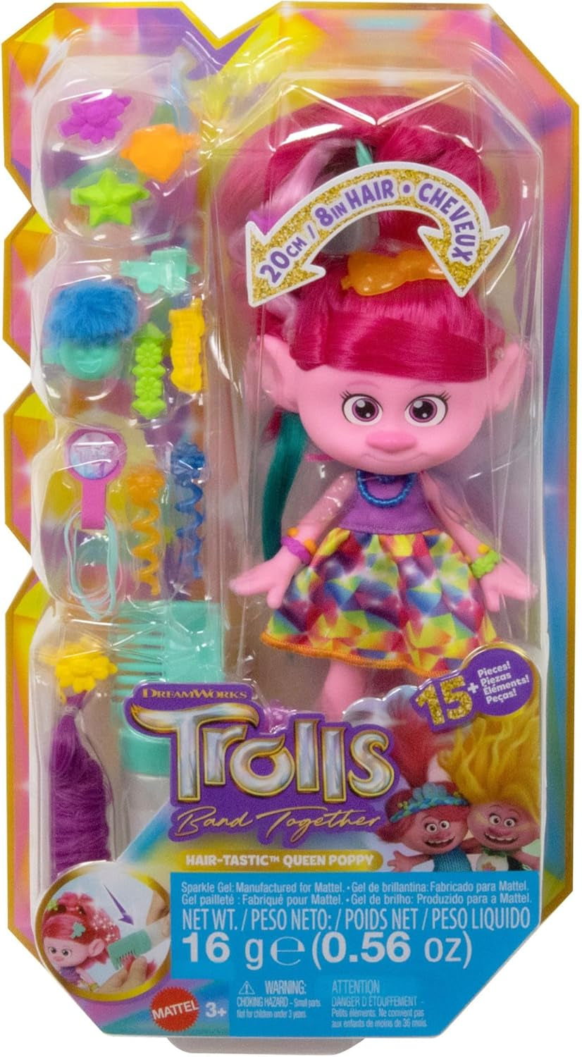 Mattel DREAMWORKS TROLLS Together Strong - Haarsmaakvolle Queen Poppy-modepop - 15+ accessoires, glitterkam, wasbare glittergel, voor kinderen vanaf 3 jaar, HNF25 Naty Shop-poppen
