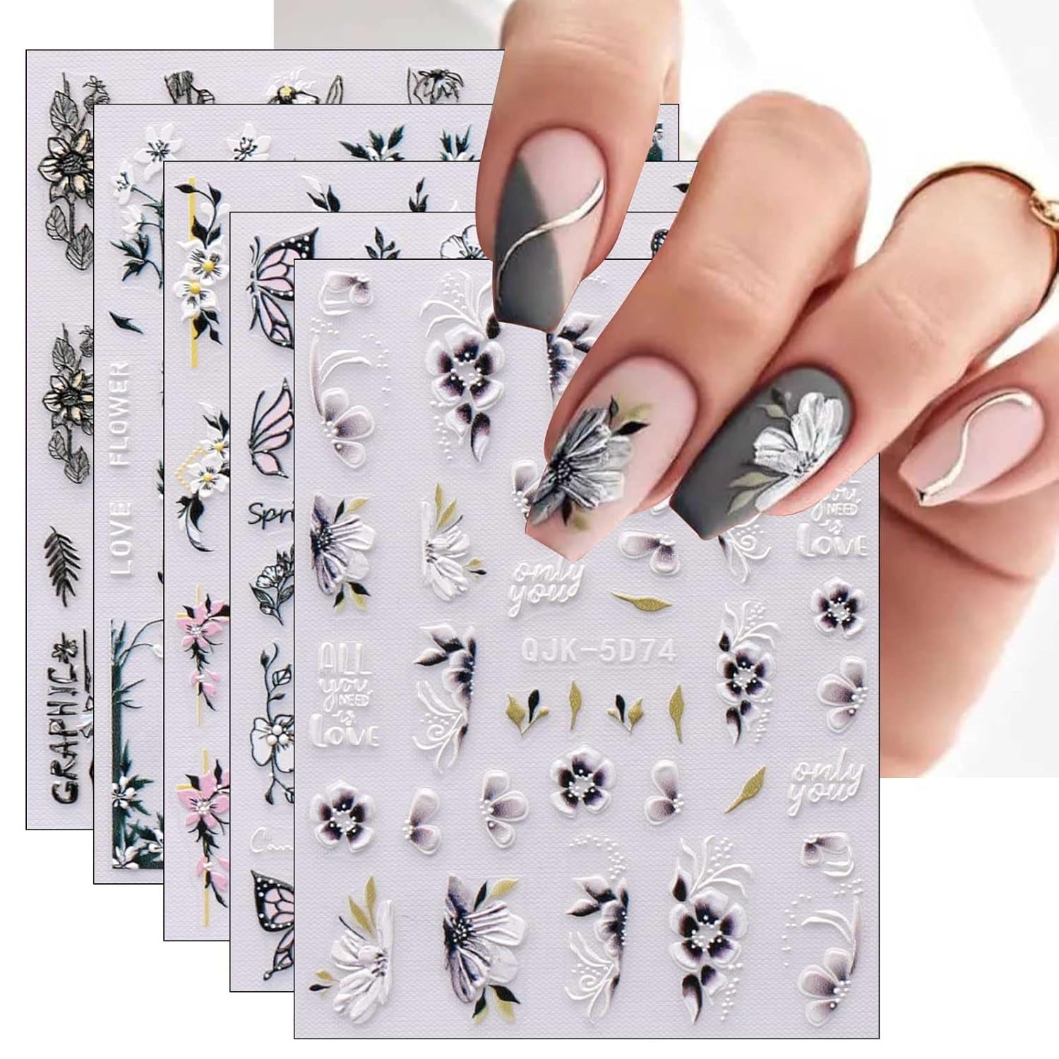 JMEOWIO 6 Blatt 3D Nagelsticker Frühlings Blume Nail Art Sticker Selbstklebend Nagelaufkleber 5D Stereoskopisch Bunte Sommer Blumen Decoratie Nageldesign Zubehör