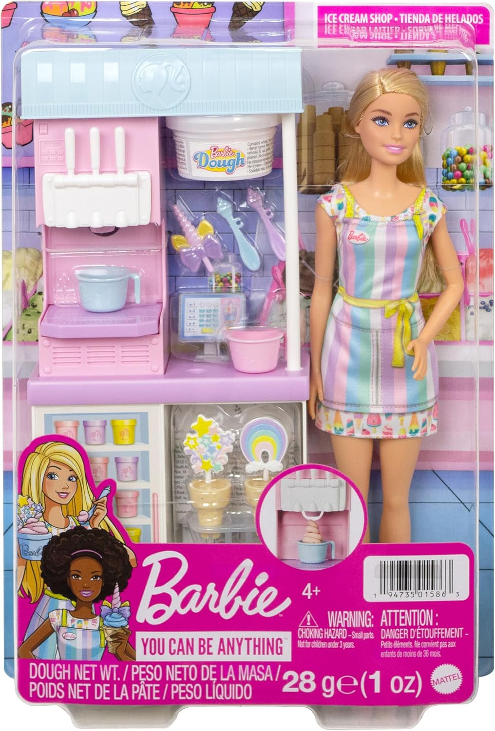 Barbie You Can Be Anything-serie, ijssalon, 1x Barbie-pop met blond haar, ijsmachine, Barbie Play-Doh, bakaccessoires, kindercadeau, speelgoed vanaf 3 jaar, HCN46
