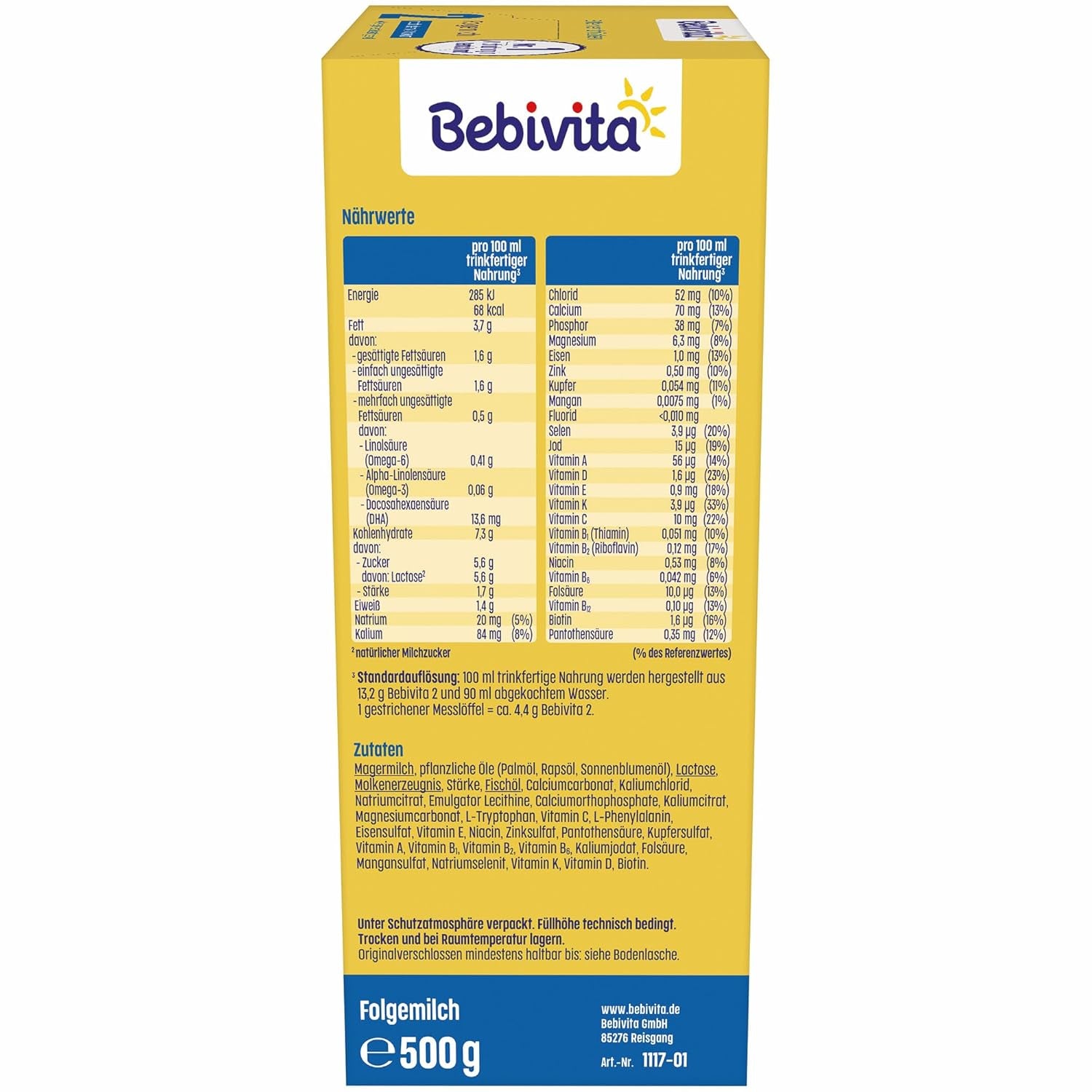 2 Folgemilch (4 x 500 g), nach dem 6. Monat, met vitamine C en D, Omega-3 (DHA), alternatief verzadigd
