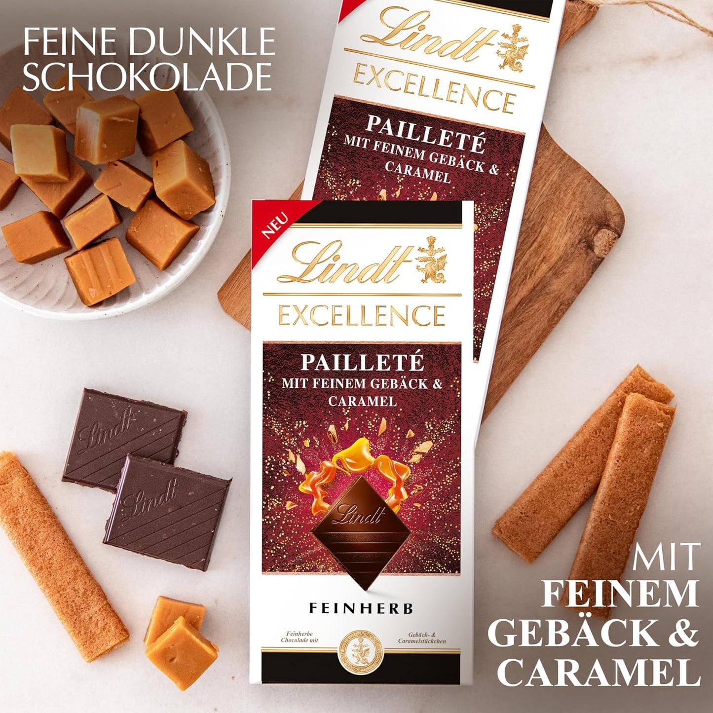 Lindt EXCELLENCE deegstukken met pailletten en karamel - fijne donkere chocolade met intense cacaosmaak