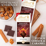 Lindt EXCELLENCE deegstukken met pailletten en karamel - fijne donkere chocolade met intense cacaosmaak