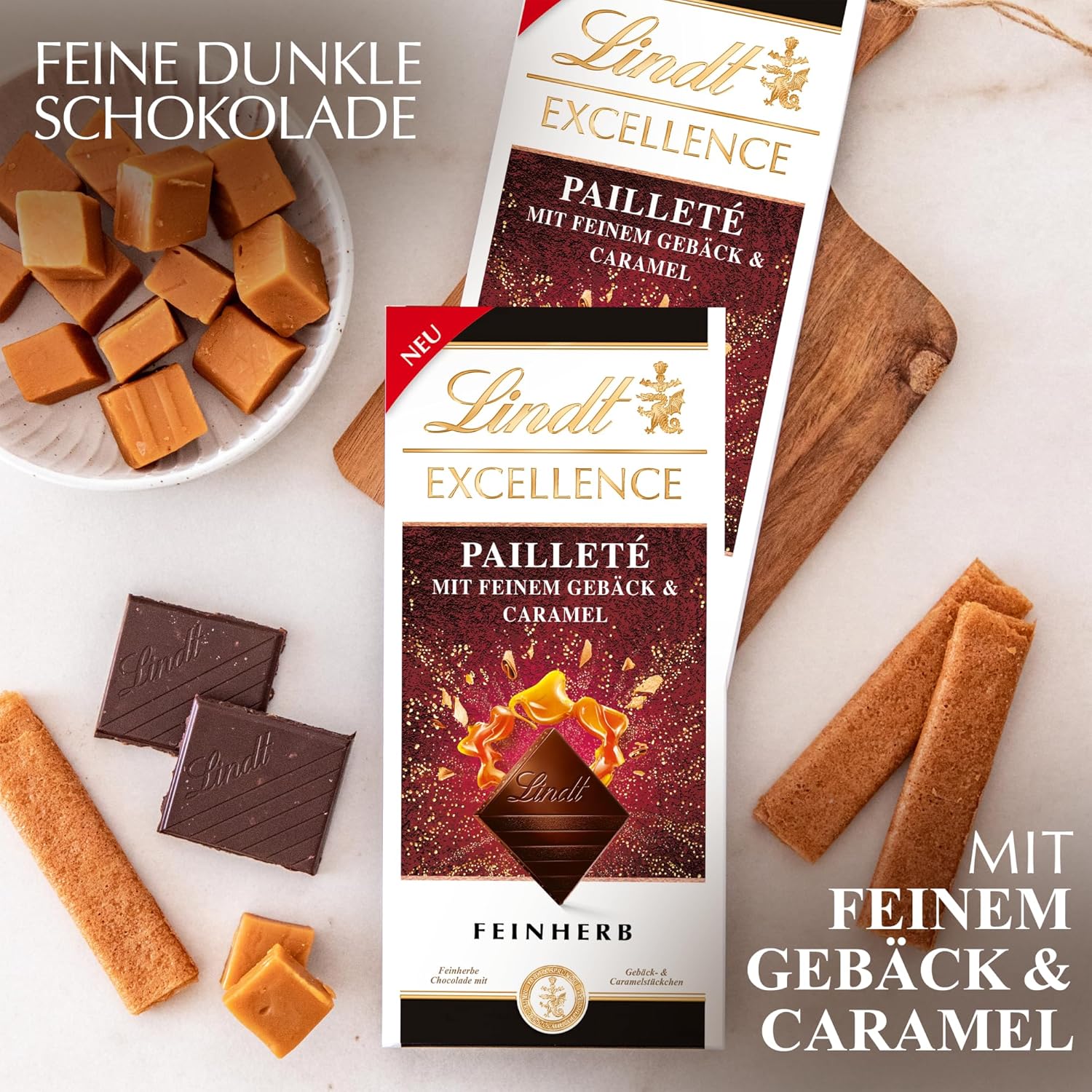 Lindt EXCELLENCE deegstukken met pailletten en karamel - fijne donkere chocolade met intense cacaosmaak