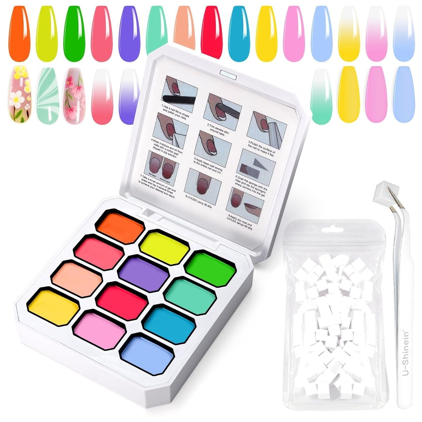 Gradiëntschildergel, 12 kleuren Ombre gelnagellak met 100 stuks nagelsponsen en 4 klauwen metalen grijper voor Franse manicure DIY nagelkunst, set I