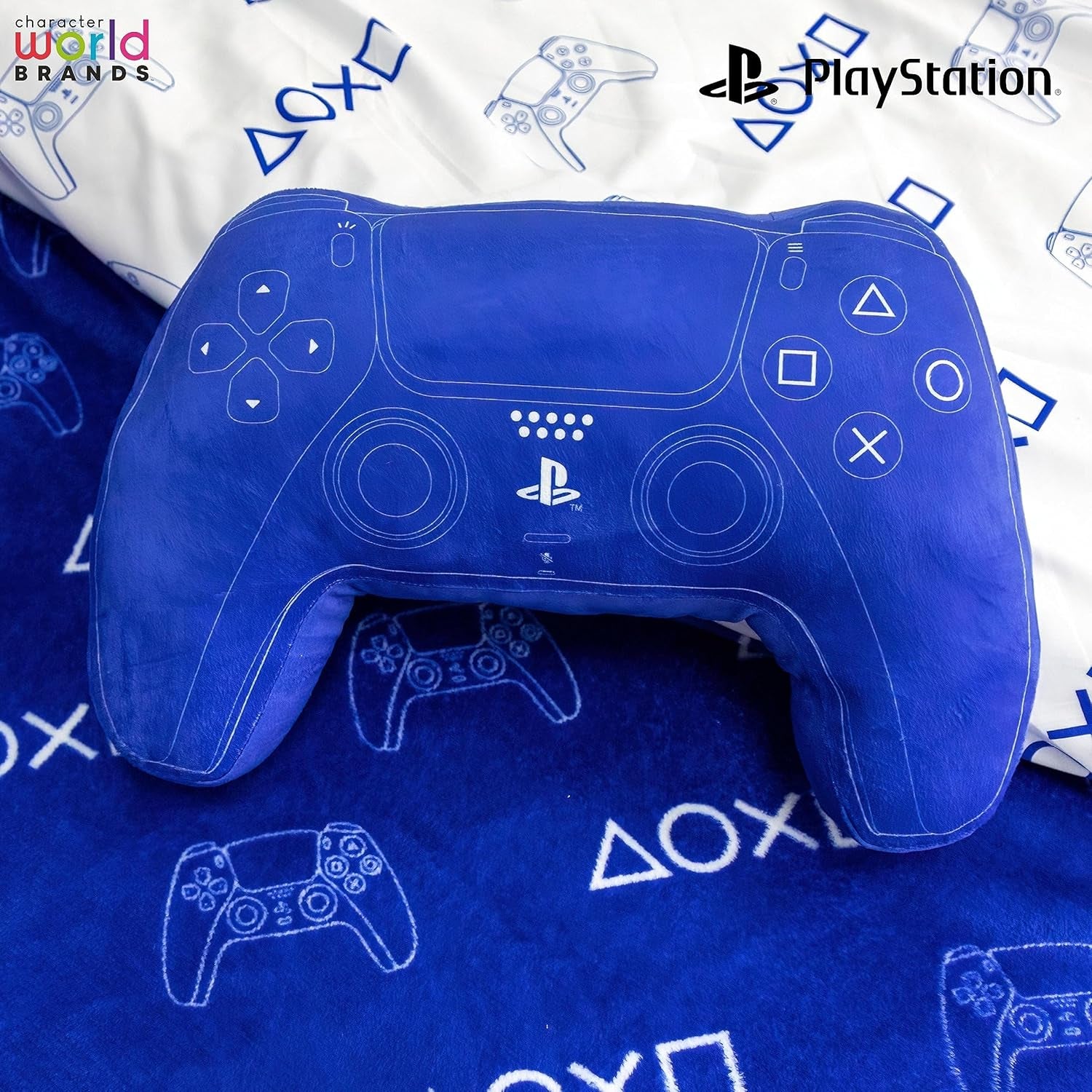 Karakterwereld: officieel gelicentieerd PlayStation-controllervormig kussen, handsetontwerp, gevuld pluchen kussen | Perfect voor slaapkamer- of speeldecoratie, blauwe standaardkussens van Naty Shop