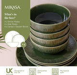 Mikasa Jardin 12-delige serviesset, 4-persoons aardewerk serviesset met borden, zijborden en schalen, groen - geschenkdoos en vaatwasmachinebestendig