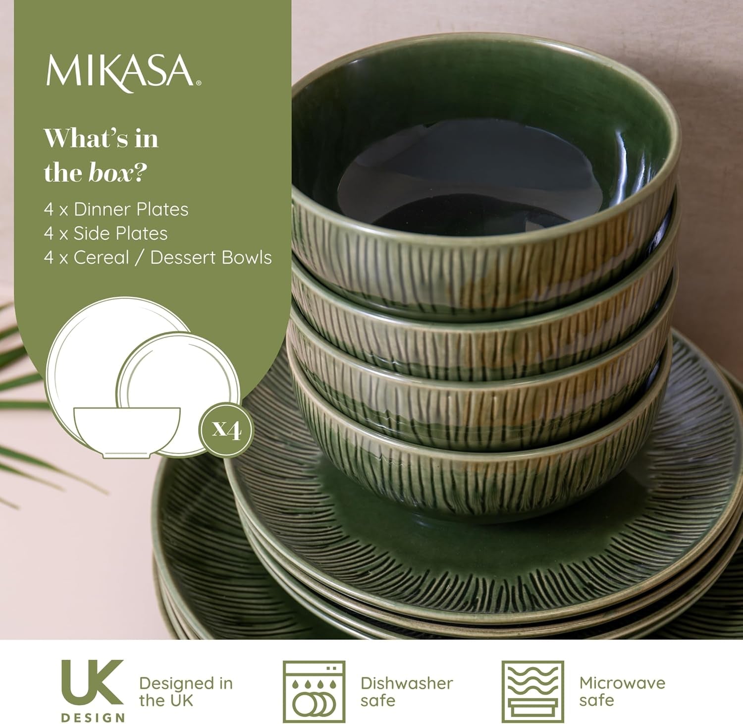 Mikasa Jardin 12-delige serviesset, 4-persoons aardewerk serviesset met borden, zijborden en schalen, groen - geschenkdoos en vaatwasmachinebestendig