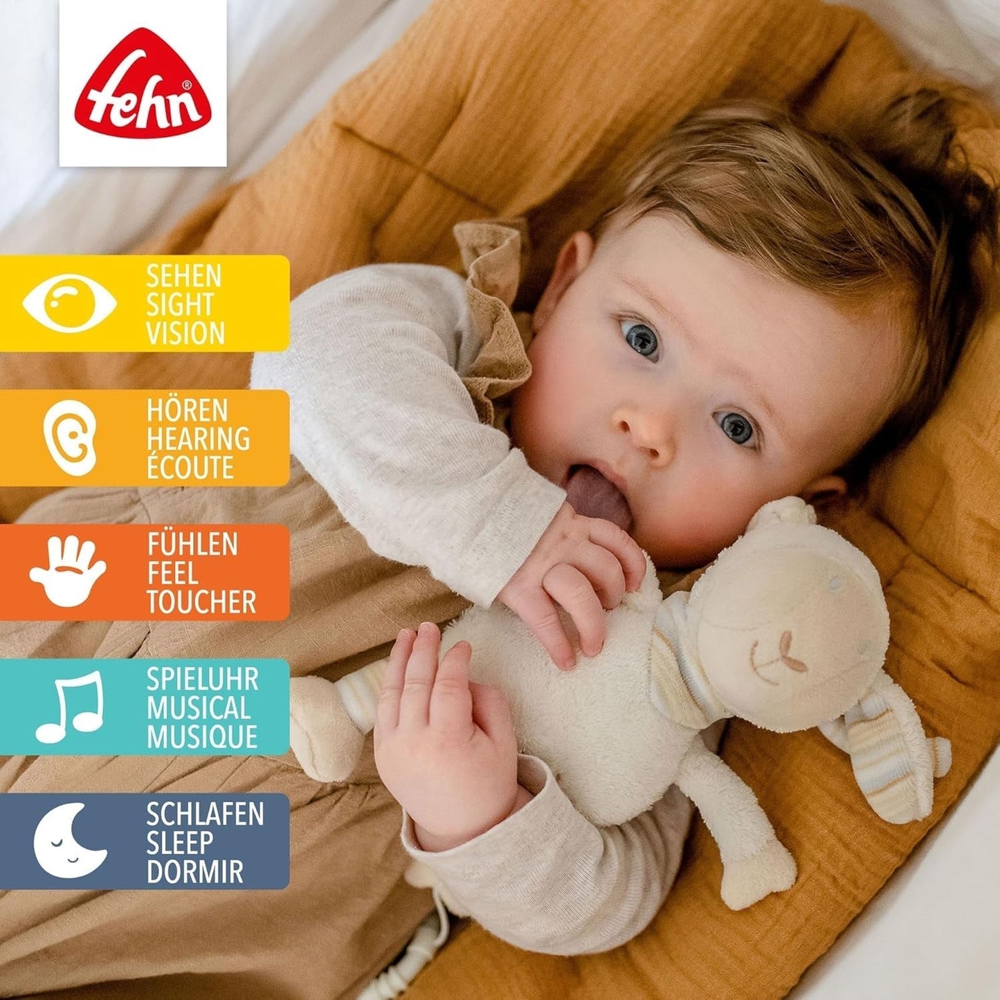 Fehn muziekdoos babyslaaphulp schaap - knuffel met opzetstuk - slaaphulpliedje "Brahms lullaby" - kinderspeelgoed voor onderweg en thuis - muzikaal speelgoed voor baby's en kinderen Bebe Naty Shop Speelgoed
