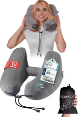 FLOWZOOM AIR Opblaasbaar nekkussen met capuchon - Vliegtuignekkussen - Reiskussen - Snel opblaasbaar reisnekkussen - Vliegtuigkussen - Reiskussen - Nekkussen voor volwassenen (grijs) Naty Shop Cervicale orthopedische kussens 3) Grijs - Maat M