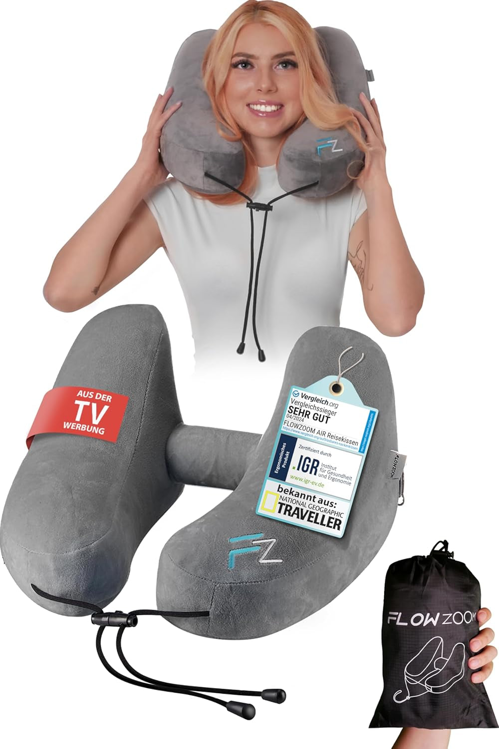 FLOWZOOM AIR Opblaasbaar nekkussen met capuchon - Vliegtuignekkussen - Reiskussen - Snel opblaasbaar reisnekkussen - Vliegtuigkussen - Reiskussen - Nekkussen voor volwassenen (grijs) Naty Shop Cervicale orthopedische kussens 3) Grijs - Maat M