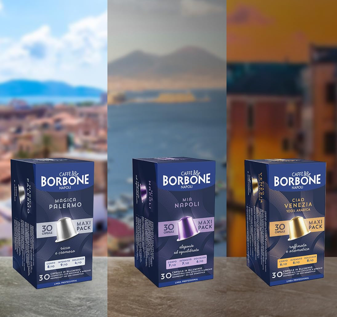 Caffè Borbone Verkostung Kit, 90 aluminium capsules: 30 Mia Napoli, 30 Ciao Venezia, 30 Magica Palermo, (3 x 30 Stück) – Compatibel met Kaffeemaschinen für den Hausgebrauch van het merk Nespresso®*