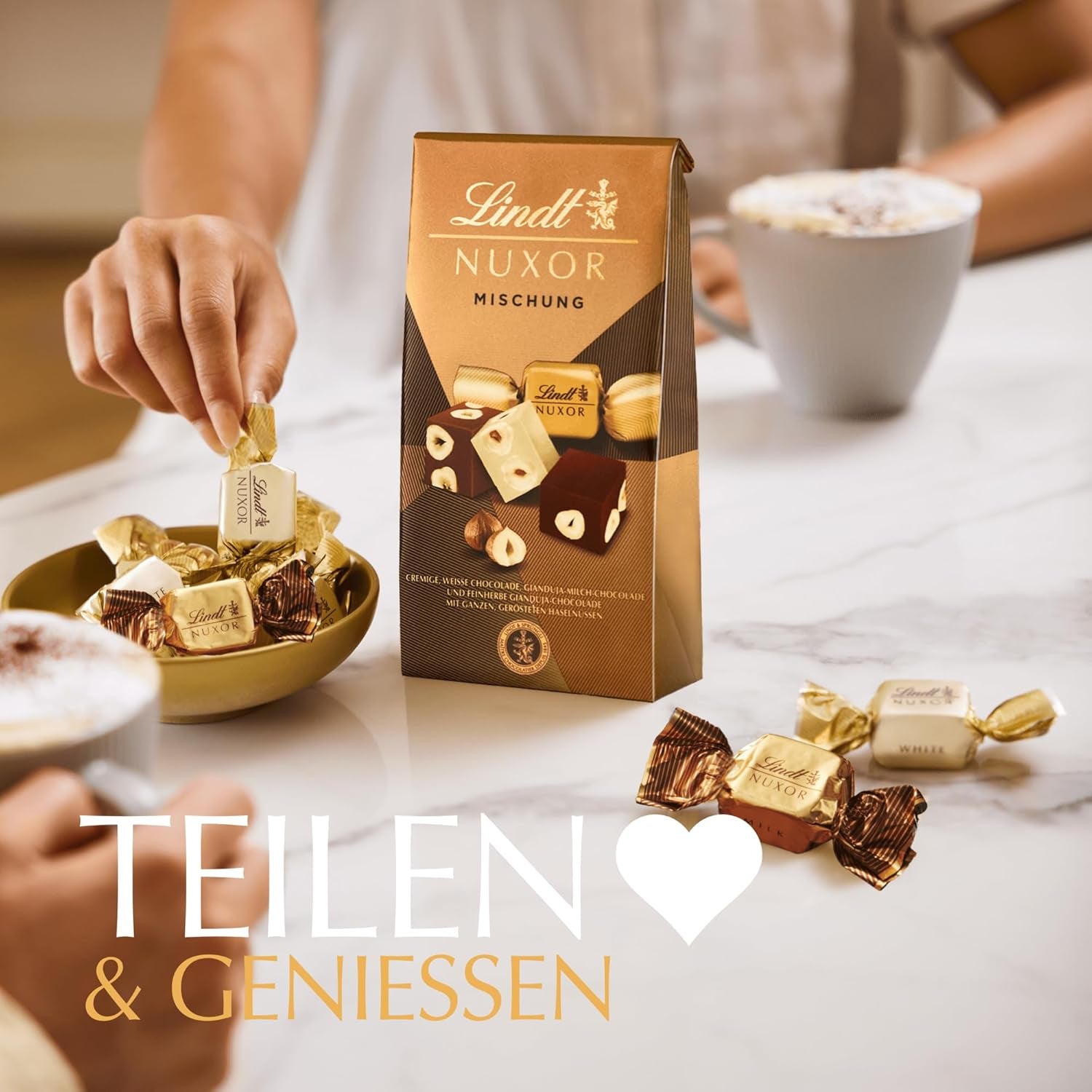 Lindt-chocolade | Mix voor tas NUXOR | 103g | Gianduja Romige Chocoladeblokjes in Drie Assortimenten met Geroosterde Hele Hazelnoten | Chocolade cadeau