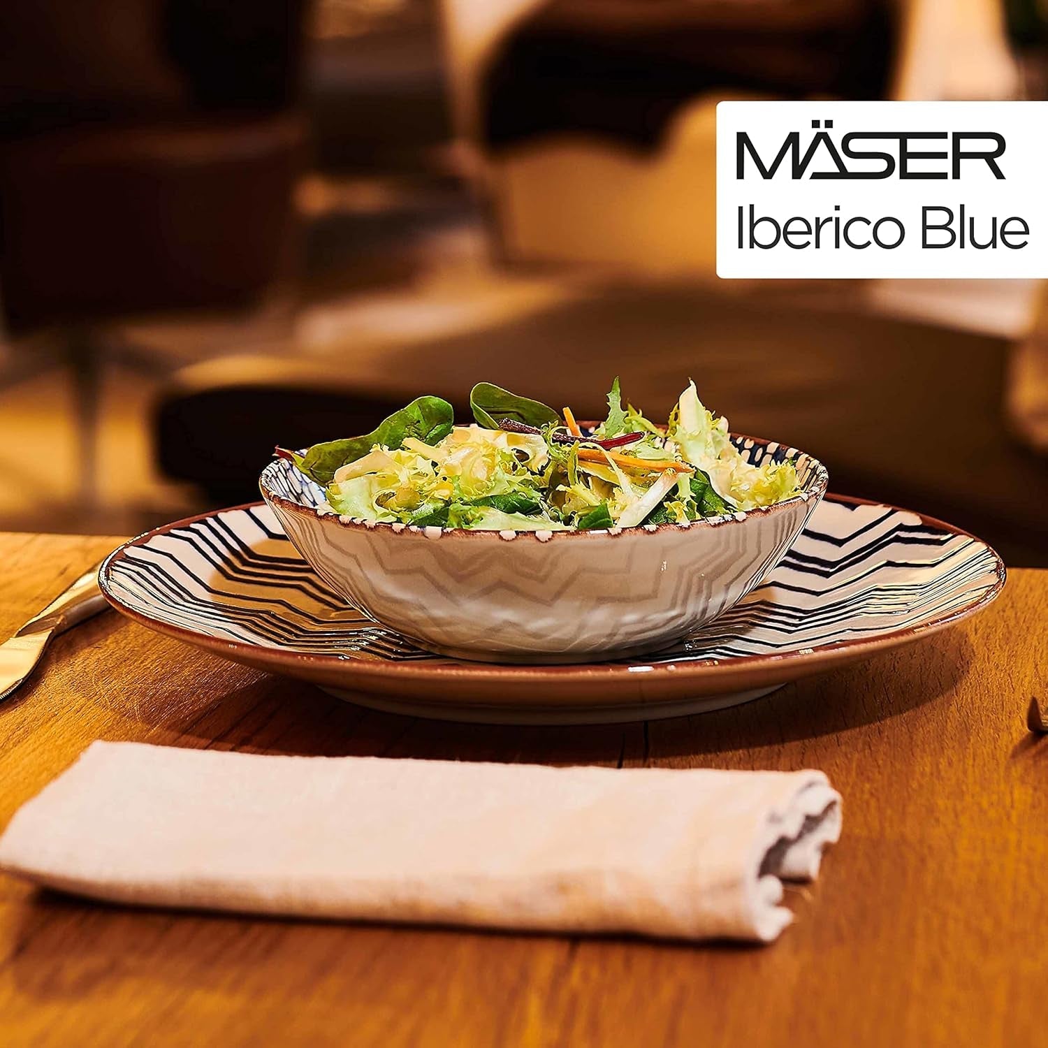MÄSER 934017 Ibericoblauwe 4-persoons dinerset, 12-delig, Moorse stijl, verschillende vintage ontwerpen in wit en blauw, keramiek