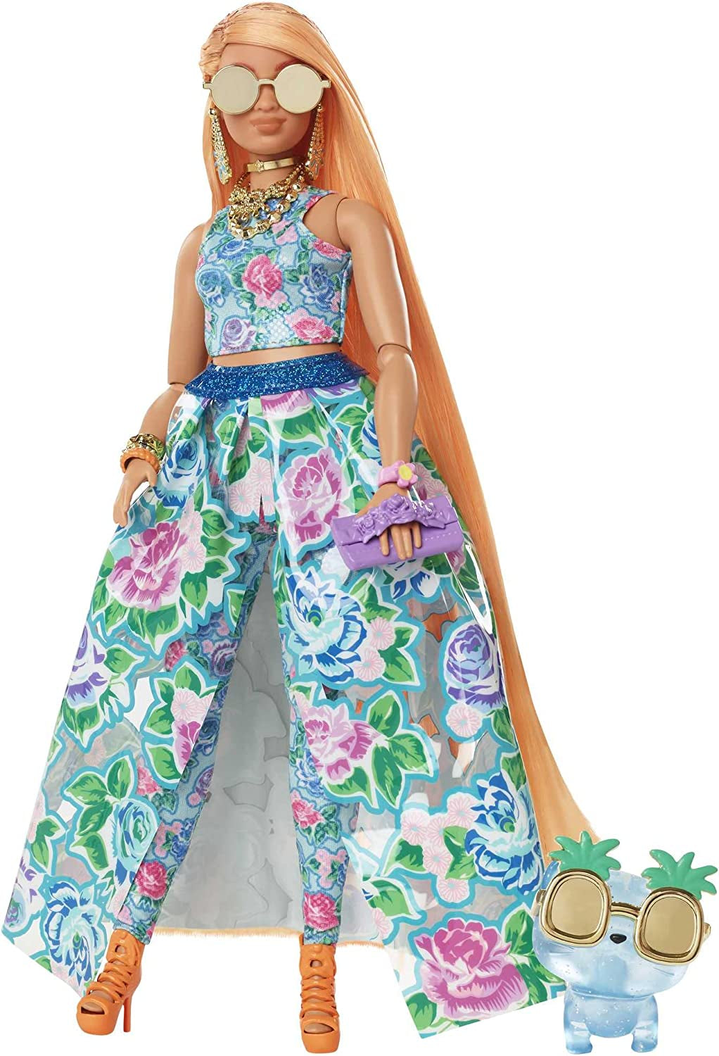 Barbie Extra Fancy, Rond lang aardbeiblond haar, Tweedelig pak, Blauwe Kat, Roze Tas, Ananas-zonnebril inclusief pop, Geschikt als cadeau, Hhn14 Naty Shop Dolls Standaardtitel