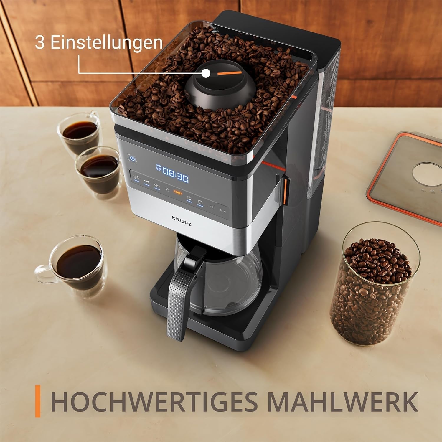 KRUPS Grind Aroma XL espressomachine, afneembare conische molen, digitaal bedieningspaneel, XL-capaciteit (1,5 l), warmhoudfunctie, glazen karaf, zwart/roestvrij staal, KM842810