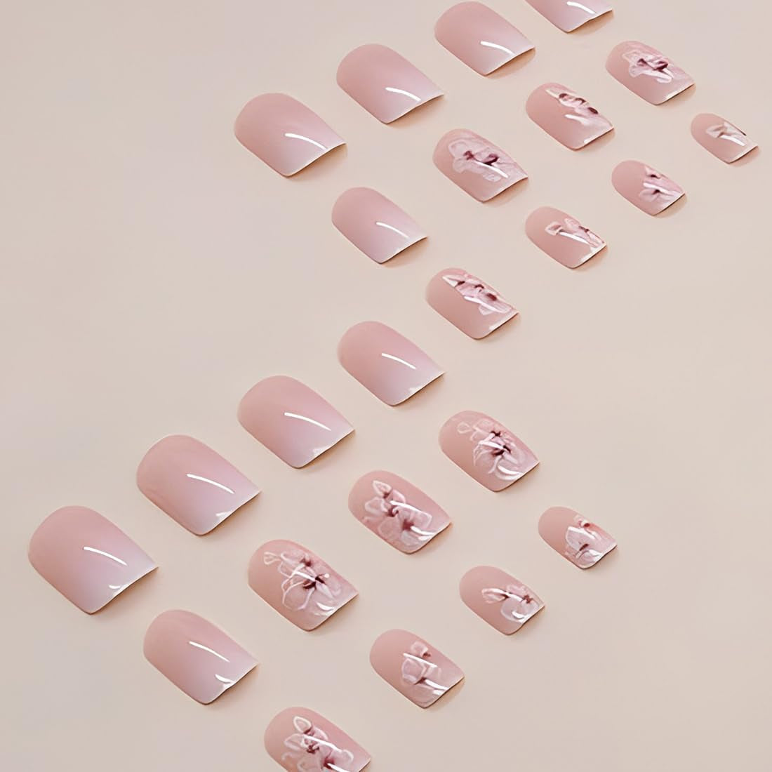 24pcs Wit Vierkant Lijm op korte nagels Roze gradiënt bloemenpatroon Druk op de nagels Kunstnagels Valse nagelkunst Franse vierkante nagels Kunstnagels voor dames
